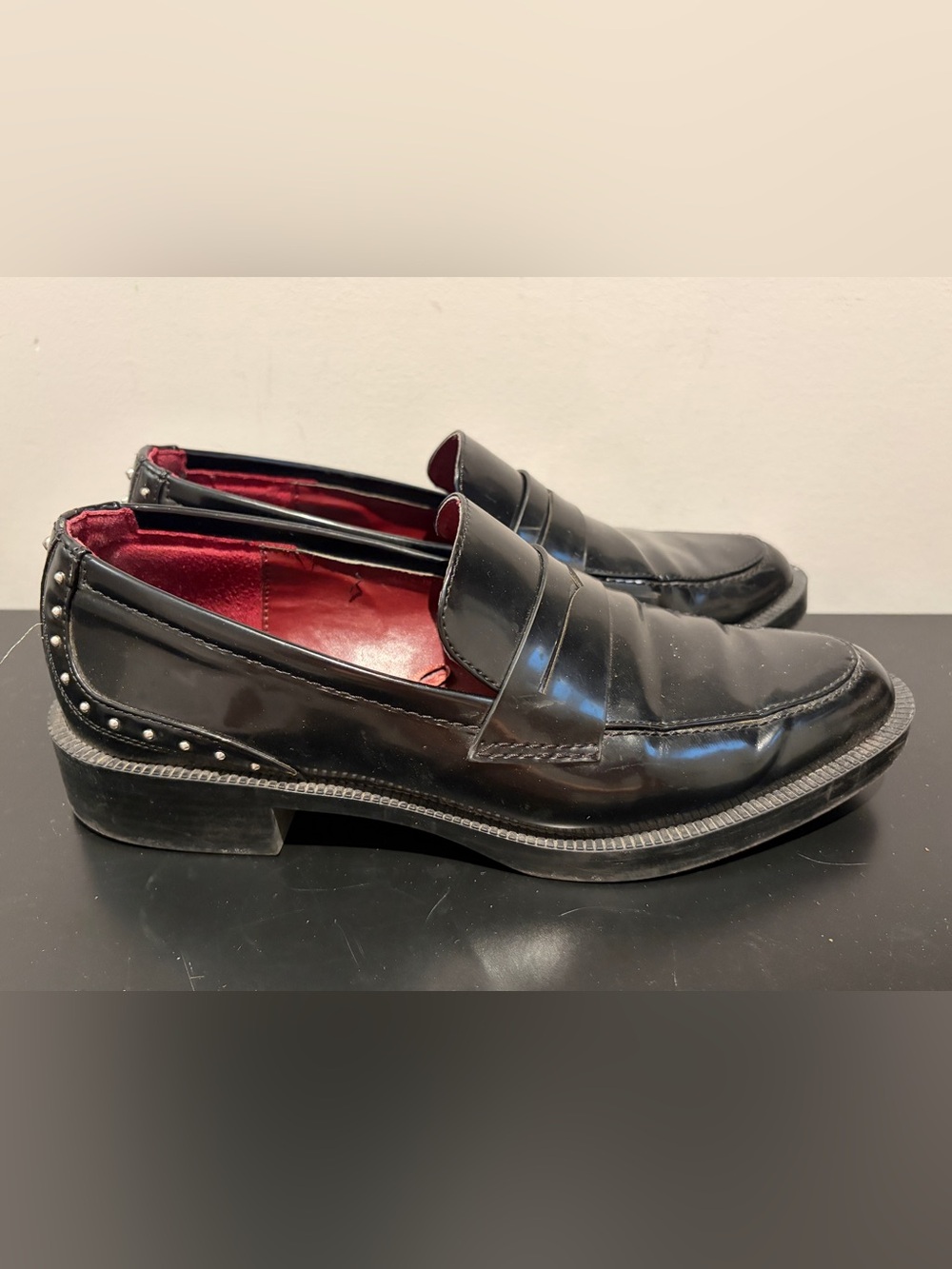 Zara Black women’s patent Leather studded Loafers size 8